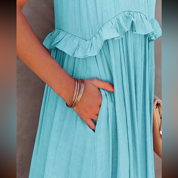 #138 Tiered Ankle Tank Dress, Vocation Backless Halter Neck Dress with Pockets - Picture 5 of 16